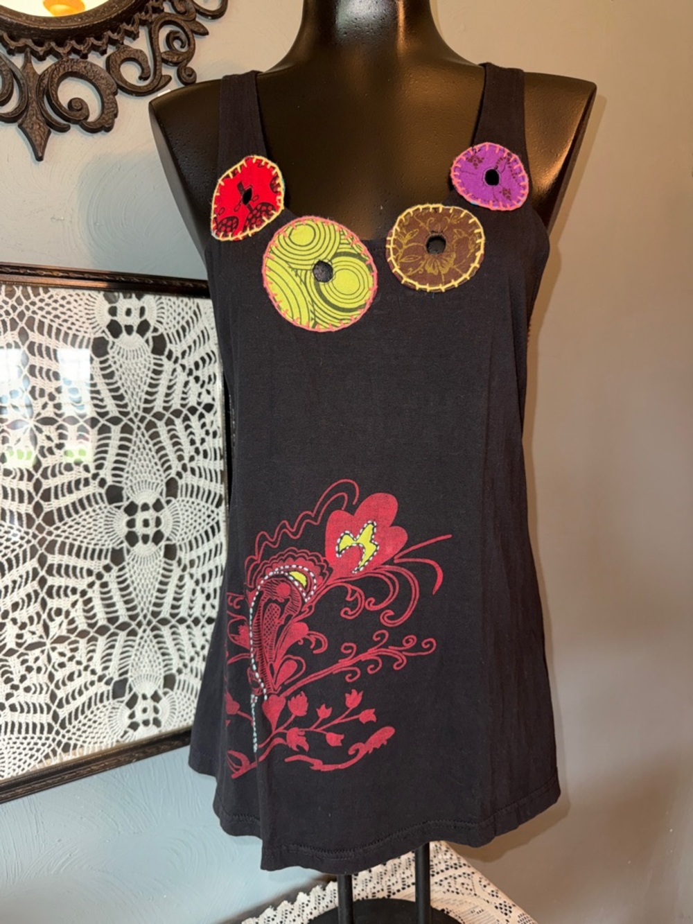 Kathmandu Black Tank Top with Multicolor Appliqué and Red Floral Graphic
